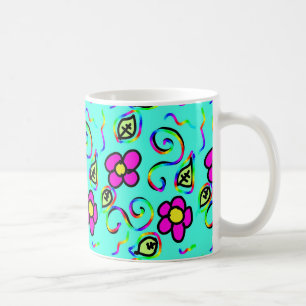 Café caneca de flores de fundo azul