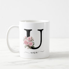 Café Caneca de Flores Rosas Cor-de-Rosa com Monograma I