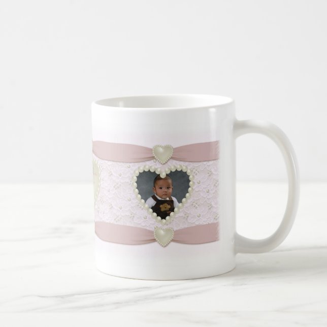 Café Caneca de Foto de Bebê Rosa Pastel Pérola com Rend (Direita)