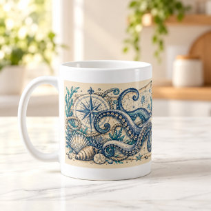 Café Caneca de Gravura Marinha de Polvo Curioso