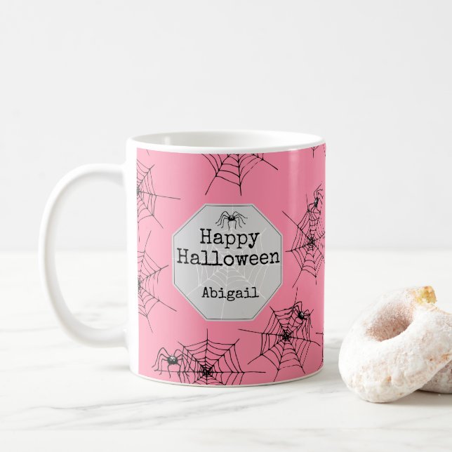 Café Caneca de Halloween Aranha Assustadora Rosa (Com Donut)