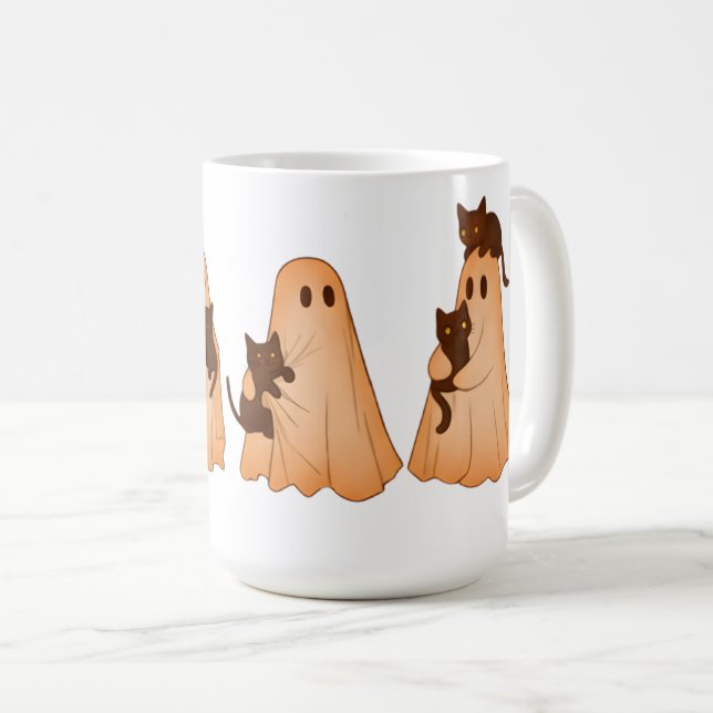Café Caneca de Halloween de Fantasma Fofo e Gato Preto (Frente Esquerda)