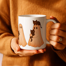 Café Caneca de Halloween de Fantasma Fofo e Gato Preto