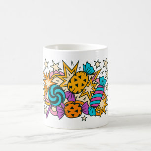 Café Caneca de Halloween em pop art colorida estilo qua