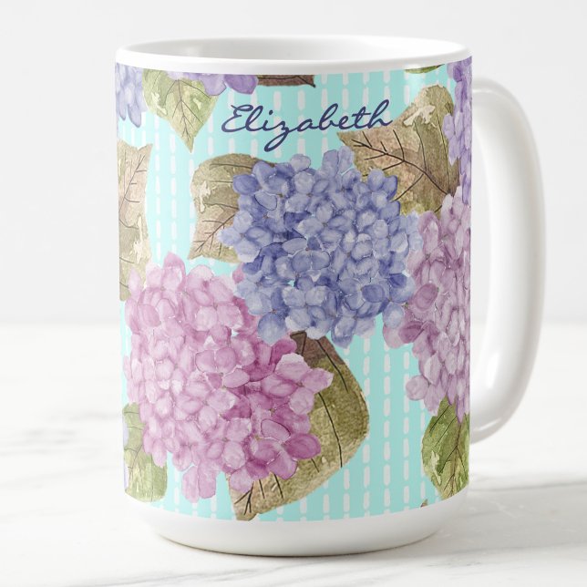 Café Caneca de Hidrangeas em Aquarela com Nome Personal (Criador carregado)