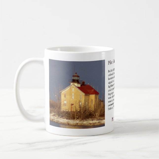 Café caneca de história do farol da ilha piloto (Esquerda)