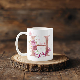 Café Caneca de Inicial Floral Personalizada – Letra H