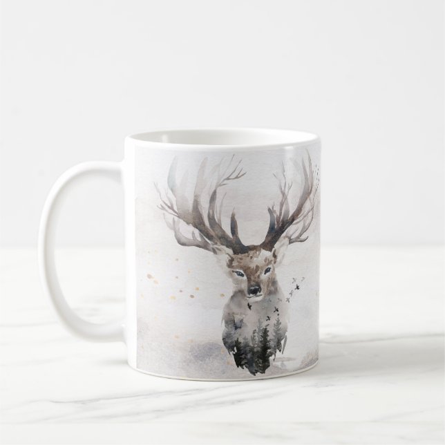 Café Caneca de Inverno com Veado da Floresta em Aquarel (Esquerda)