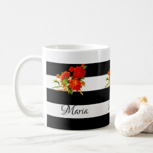 Café Caneca de Listra Preta e Branca Floral