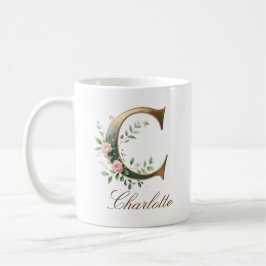 Café Caneca de Monograma com Letra C Floral em Ouro Ele