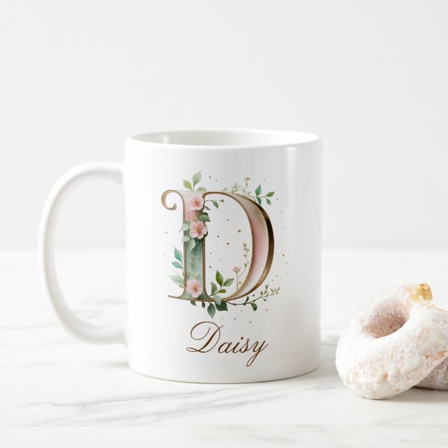 Café Caneca de Monograma com Letra D Floral em Dourado  (Com Donut)