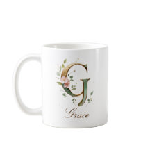 Caneca de Monograma com Letra G Floral em Dourado 