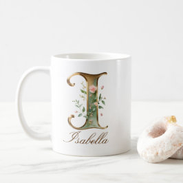 Café Caneca de Monograma com Letra I Floral em Dourado 