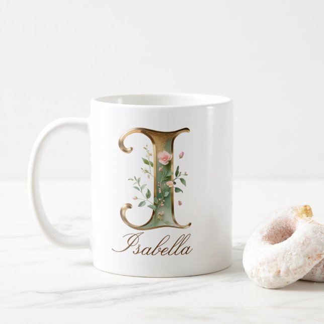 Café Caneca de Monograma com Letra I Floral em Dourado  (Com Donut)