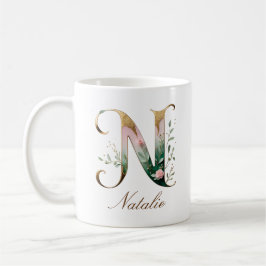 Café Caneca de Monograma com Letra N Floral em Ouro Ele