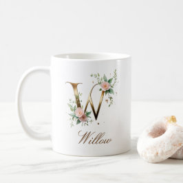 Café Caneca de Monograma com Letra W Floral em Ouro Ele