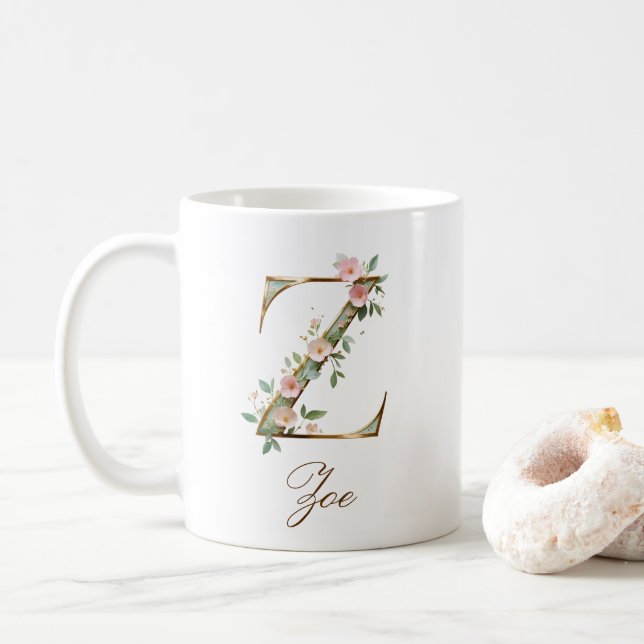 Café Caneca de Monograma com Letra Z Floral em Ouro Ele (Com Donut)