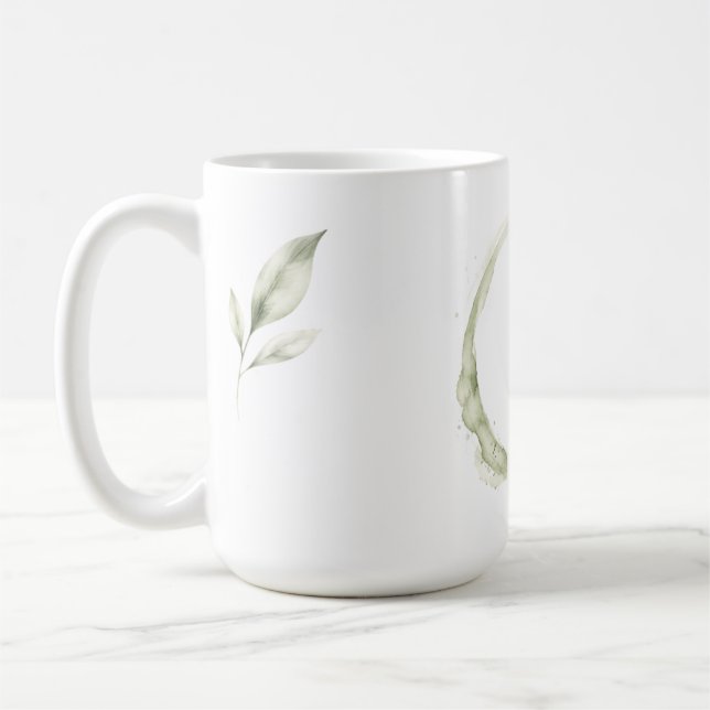 Café Caneca de Monograma de Aquarela Verde Sage com Nom (Esquerda)
