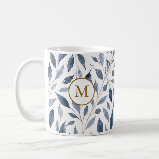 Café Caneca de Monograma de Folha Azul Elegante com Ini (Esquerda)
