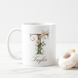 Café Caneca de Monograma de Letra T Floral em Ouro Eleg