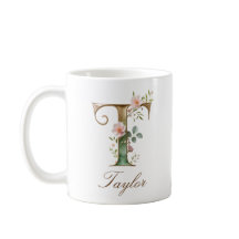 Caneca de Monograma de Letra T Floral em Ouro Eleg