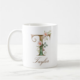 Café Caneca de Monograma de Letra T Floral em Ouro Eleg