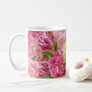 Café Caneca de Monograma de Tulipa Peônia Rosa e Verde
