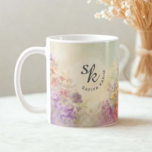 Café Caneca de Monograma Floral em Aquarela Personaliza (Criador carregado)
