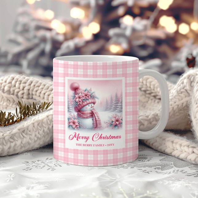 Café Caneca de Natal Aconchegante Boneco de Neve Rosa F (Cozy Christmas Mug Pink Snowman Winter Forest Kids Gift)