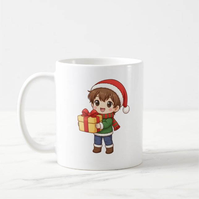 Café Caneca de Natal Bonito Menino Segurando Presente (Esquerda)