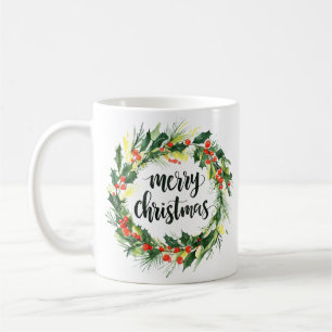 Café Caneca de Natal com Coroa de Natal em Aquarela – F