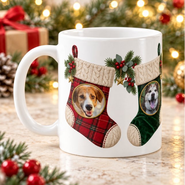 Café Caneca de Natal com Foto de Dois Animais de Estima (Personalized Two Pet Photo Christmas Stocking Mug)