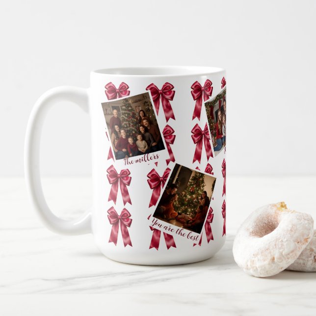 Café Caneca de Natal com Múltiplas Fotos e Laços Vermel (Com Donut)