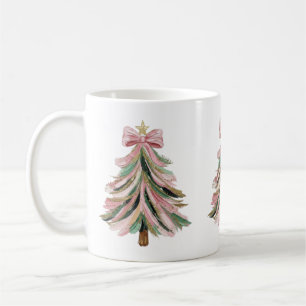Café Caneca de Natal com Pinceladas Rosa e Verde de Árv