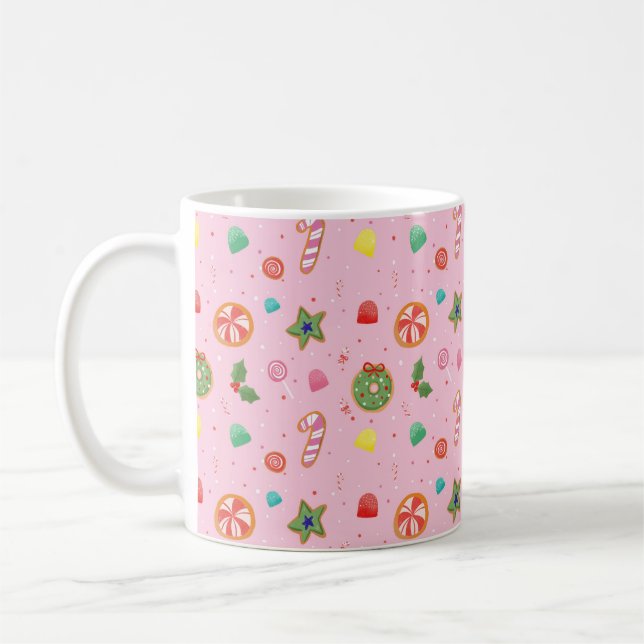 Café Caneca de Natal Cor-de-Rosa Fofa com Doces (Esquerda)