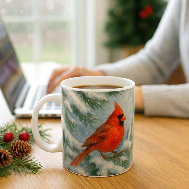 Café Caneca de Natal de Pássaro Cardinal da Floresta (Cardinal Christmas mug—festive, cozy, and perfect for snowy mornings or office gift giving.)