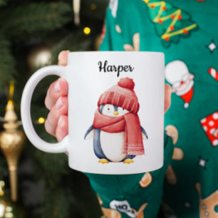 Café Caneca de Natal de Pinguim com Aquarela Personaliz