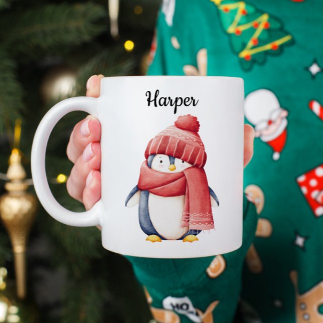 Café Caneca de Natal de Pinguim com Aquarela Personaliz (Criador carregado)
