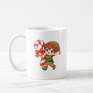 Café Caneca de Natal do Elfo Kawaii com Cana-de-Açúcar