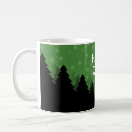 Café Caneca de Natal Feliz Verde com floresta, árvores 