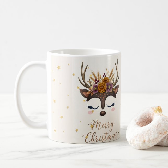 Café Caneca de Natal Floral Rena Fofa (Com Donut)