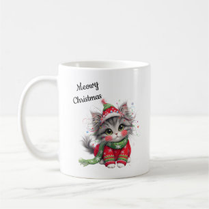 Café Caneca de Natal Meowy - Gato Fofo Festa de Natal