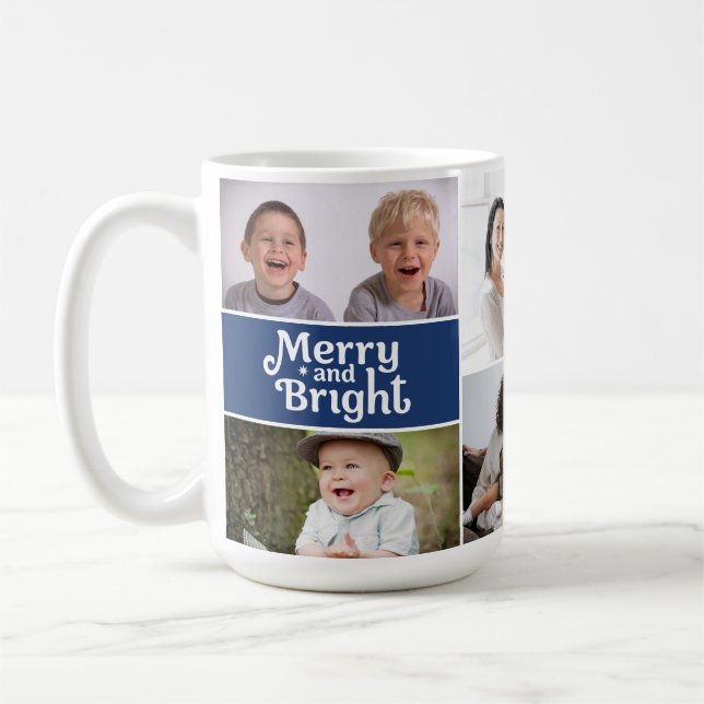 Café Caneca de Natal Multi-Foto Merry & Bright azul per (Esquerda)