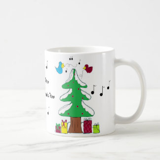 Café Caneca de Natal Notas Musicais e Pássaros