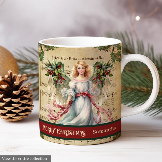 Café Caneca de Natal Personalizada Anjo Retro Celebraçã (Personalized Holiday Mug Retro Angel Celebration)
