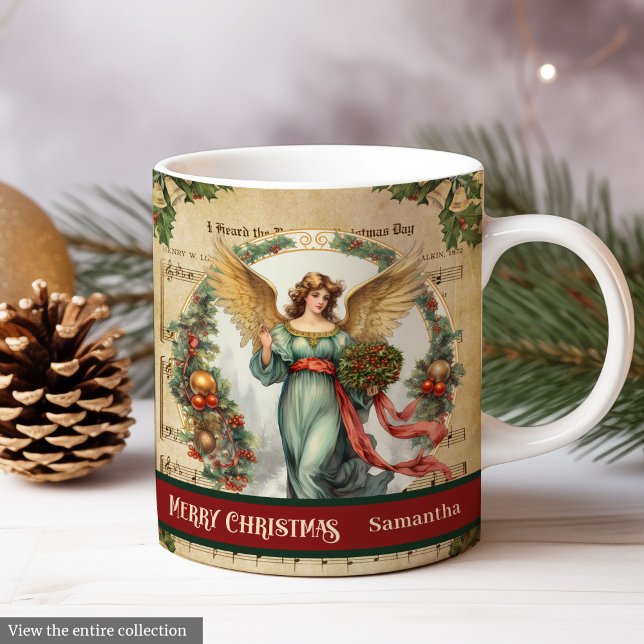 Café Caneca de Natal Personalizada Anjo Vintage Acento  (Custom Christmas Mug Vintage Angel Holiday Accent)