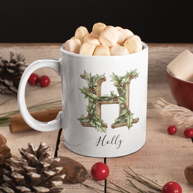 Café Caneca de Natal Personalizada com a Letra H Holly (Holly Letter H Personalized Christmas Coffee Mug)
