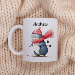 Café Caneca de Natal Personalizada Com Um Pinguim Esqui