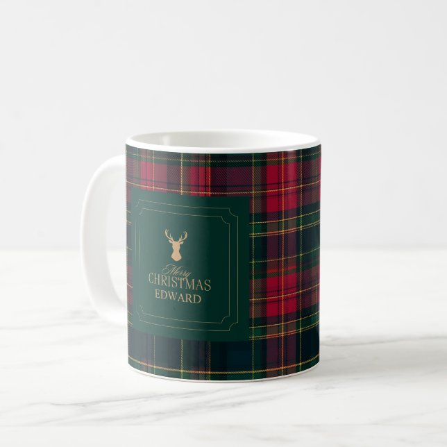 Café Caneca de Natal Personalizada com Xadrez Tartan pa (Frente Esquerda)