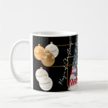 Caneca de Natal Preta Dourada com Foto Personaliza